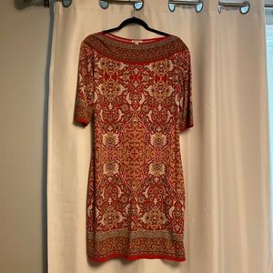 Max Studio size L red patterned dress, knee length with 3/4 length sleeves
